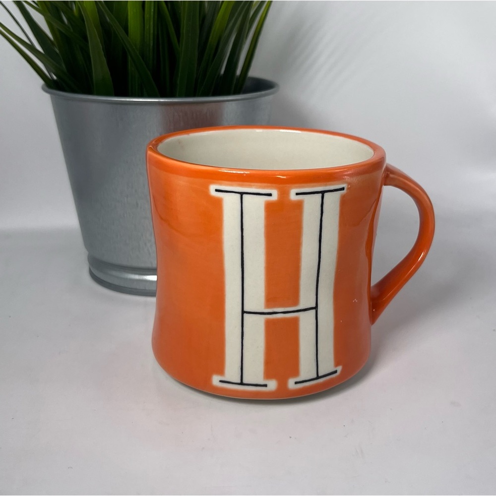 Anthropologie Handpainted Ceramic Mug Orange with Initial H